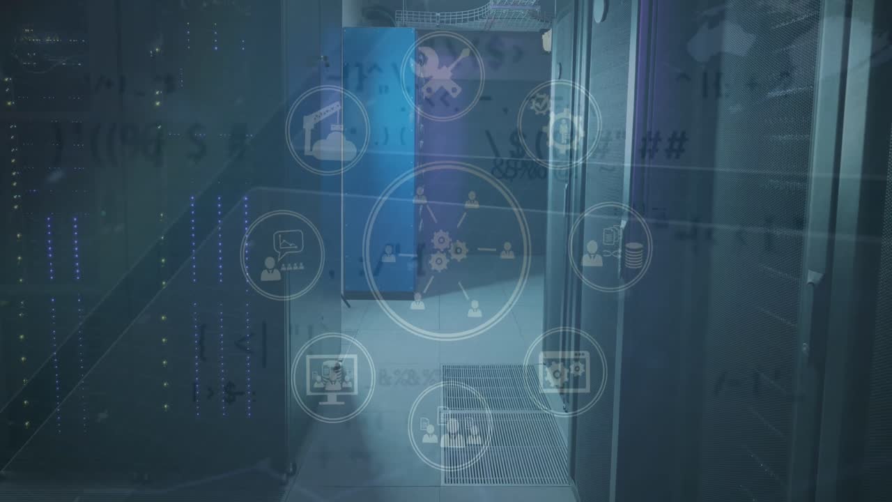 animación de iconos digitales y cambio de símbolos contra la sala de servidores de computadora.