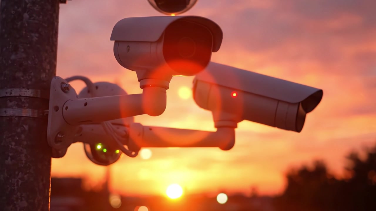 Surveillance Cameras Overlooking a Scenic Sunset: A Visual Contrast Between Technology and Nature as Day Transitions into Night