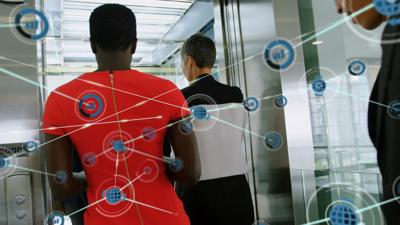 Animation of network of digital icons over rear view of businesspeople entering in a escalator