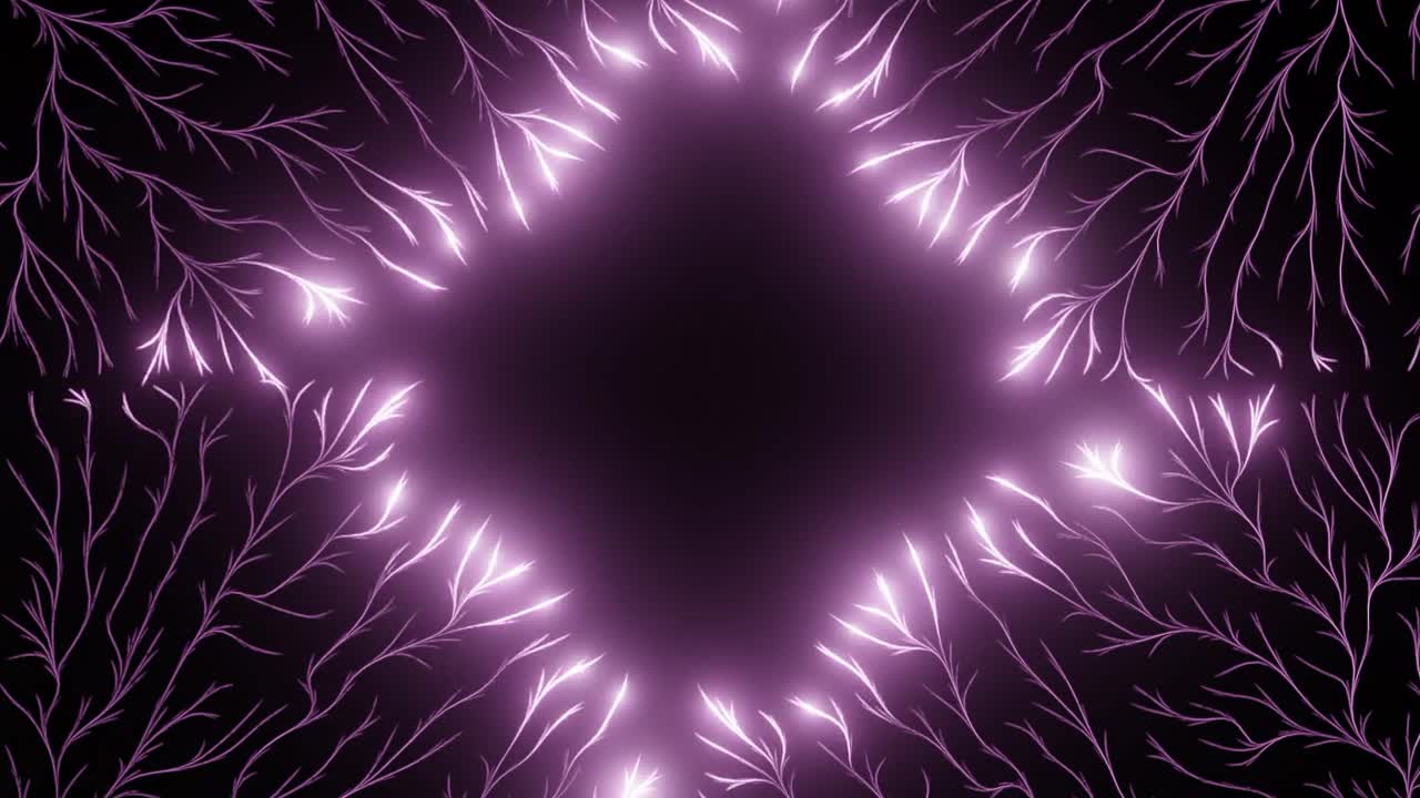 Glowing pink neural branch pattern radiating symmetrically from dark center. Abstract energy flow, digital connectivity and futuristic network concept.Fractal-style illustration with copy space
