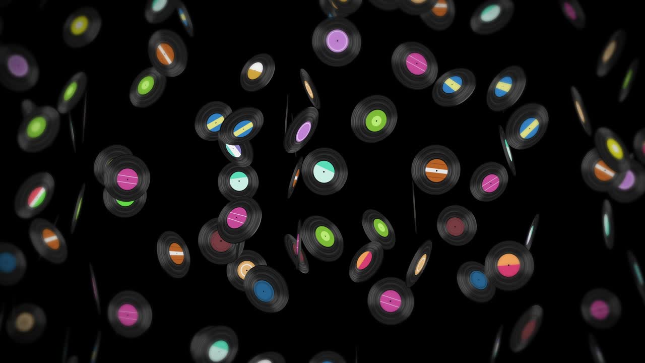 volando muchos discos de vinilo en fondo negro. tecnología antigua. diseño retro. animación 3d de disco de música girando. animación de bucle.