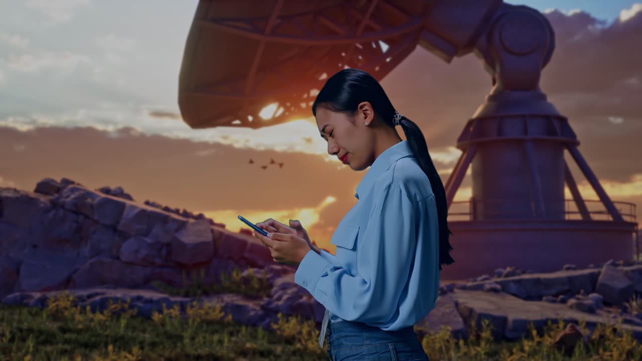 Side View Of An Asian Female Professional Worker Standing With Her Smartphone With Large Satellite Dish, Checking With Dissapionted And Nodding Her Shead