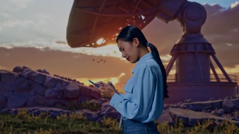 side view of an asian female professional worker standing with her smartphone with large satellite dish, checking with dissapionted and nodding her shead