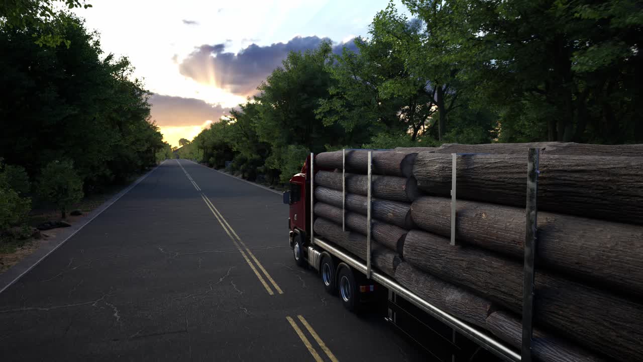 Transports Heavy Logs Down An Empty Asphalt Highway Crossing The Beautiful Forest, Freight Truck Hauls Heavy Logs Down The Rural Freeway