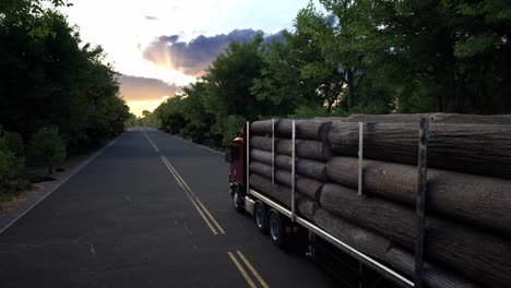 transports heavy logs down an empty asphalt highway crossing the beautiful forest, freight truck hauls heavy logs down the rural freeway
