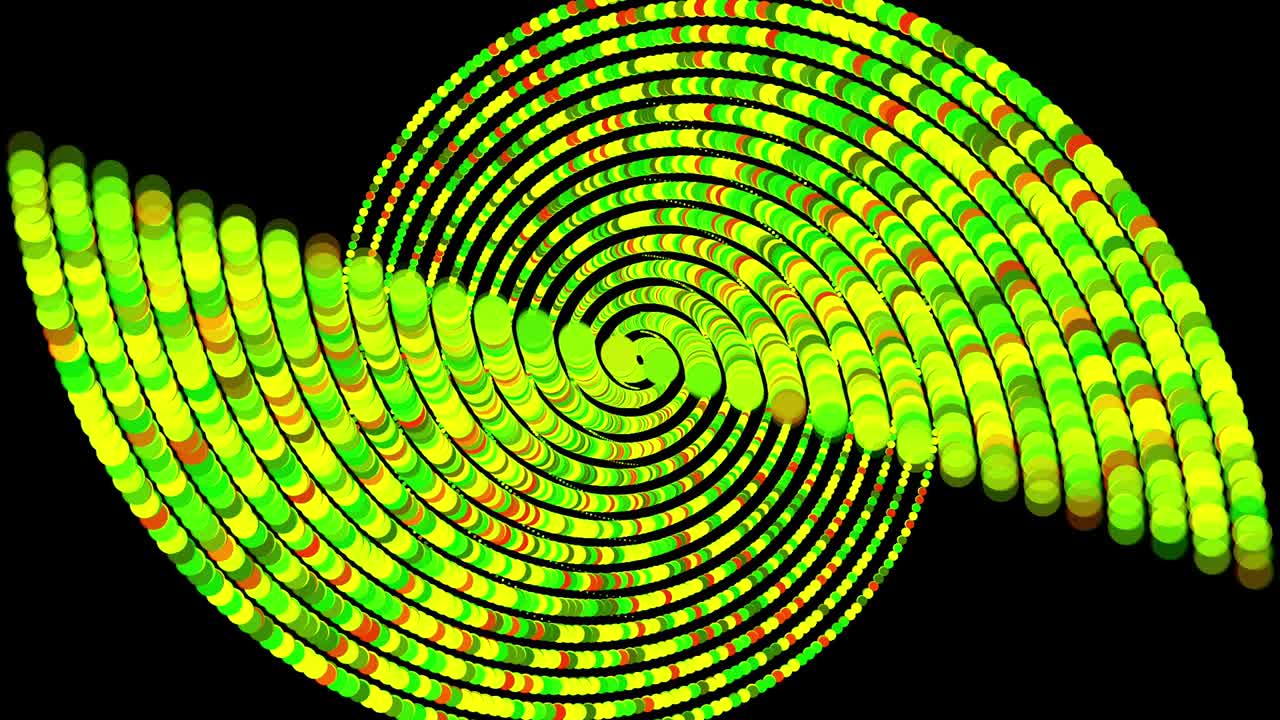 filas abstractas de pequeños círculos que giran rápidamente y se convierten en columnas 3d gigantes en fondo negro. animación. fondo psicodélico con formas de volumen giratorias