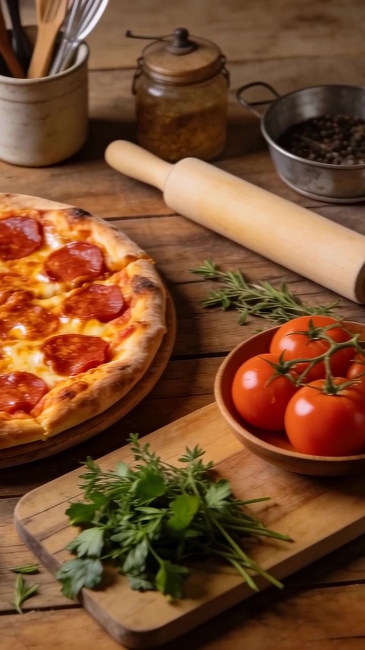 Video verticale: Panoramica iniziale della telecamera che rivela una pizza ai peperoni su un tagliere in cucina per lo styling.