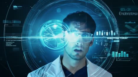 a man wearing glasses looks surprised at a digital screen with data and holographic graphics