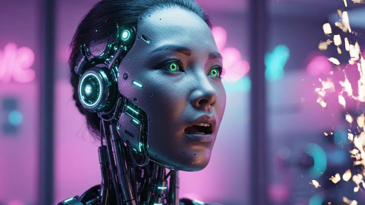 Primo piano futuristico di un robot umanoide con occhi verdi luminosi, che esplora temi di tecnologia, intelligenza artificiale e l'intersezione tra umanità e robotica.