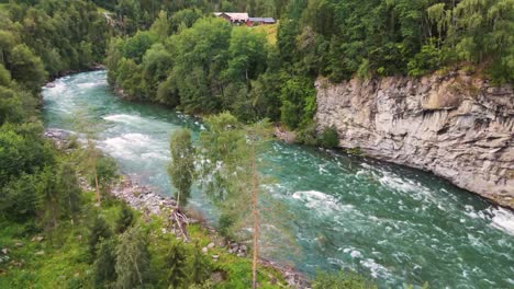 Aerial-view-of-a-mountain-river-with-rapids,-flowing-through-a-green-forest-on-a-sunny-day