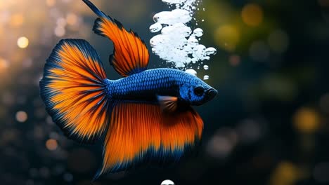 colorful betta fish swimming gracefully. a vibrant betta fish with blue and orange fins navigates through bubbles in a serene aquarium environment.