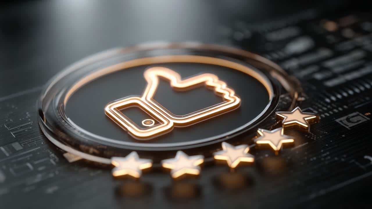 An Elegant Digital Representation of Approval and Rating Illustrated by a Glowing Thumbs-Up Icon and Five Gleaming Stars Against a Tech-Inspired Background