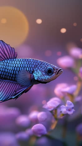 betta fish in flowers. betta fish glides gracefully through a vibrant field of purple flowers, showcasing its bright colors in sunlight.