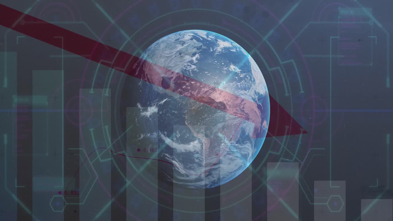 анимация статистики и обработки данных с красной стрелкой над земным шаром