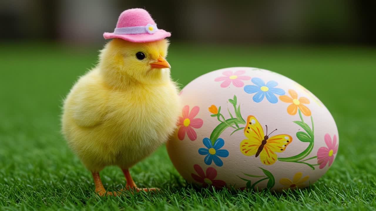 A Vibrant Yellow Chick in a Pink Hat Standing Next to a Decorated Easter Egg Surrounded by Lush Green Grass, Capturing the Essence of Spring Celebrations and Joyful Moments