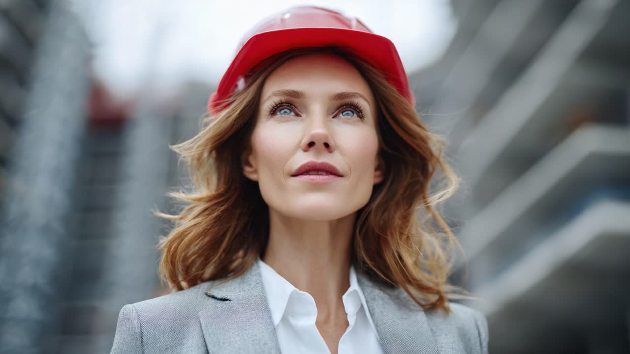 A Confident Woman in a Hard Hat Observing a Construction Site, Symbolizing Empowerment and Leadership in the Workplace