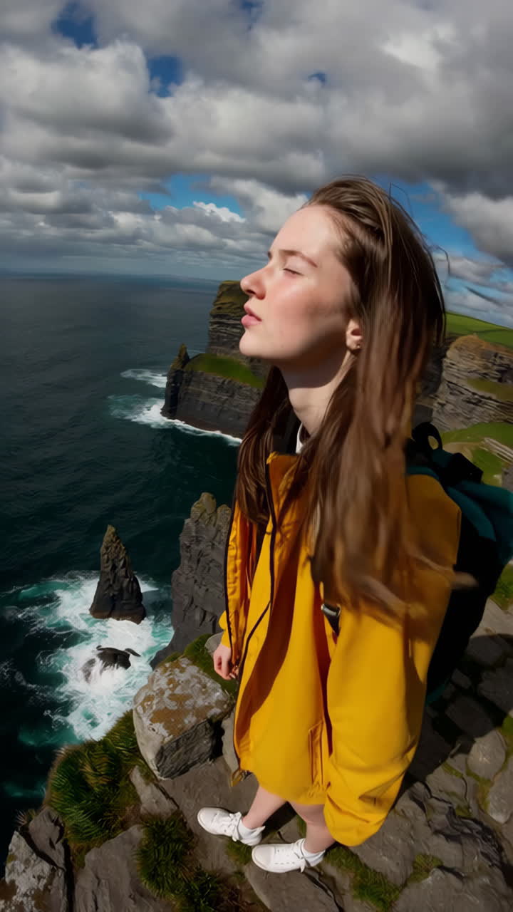 Person on the edge of the Cliffs of Moher, Ireland, overlooking the Atlantic Ocean