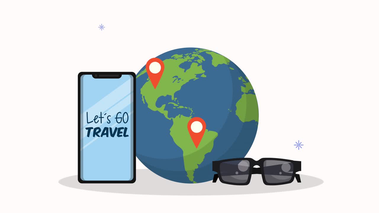 vamos a viajar con letras en el teléfono inteligente con el planeta tierra y gafas de sol