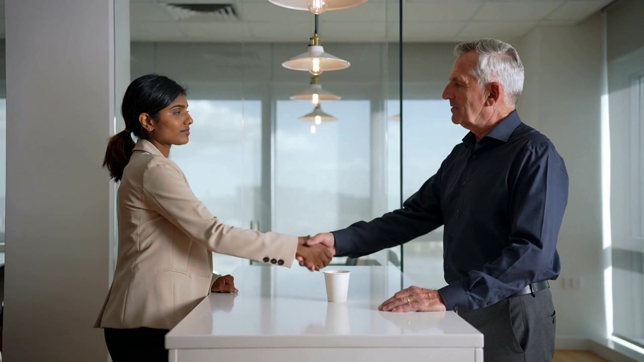 Placing white paper cup, woman and man starting greeting at glass counter, beige blazer dark shirt