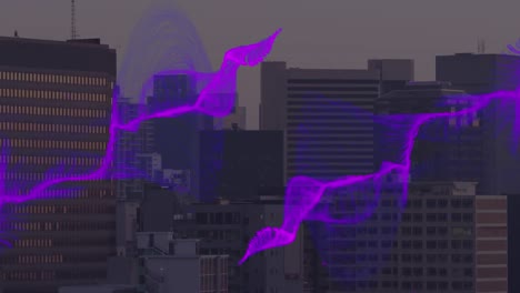 animation of purple wave over cityscape