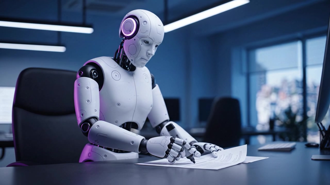 Un robot futuristico intento a scrivere documenti in un moderno ambiente d'ufficio, che mostra tecnologie avanzate e capacità di intelligenza artificiale