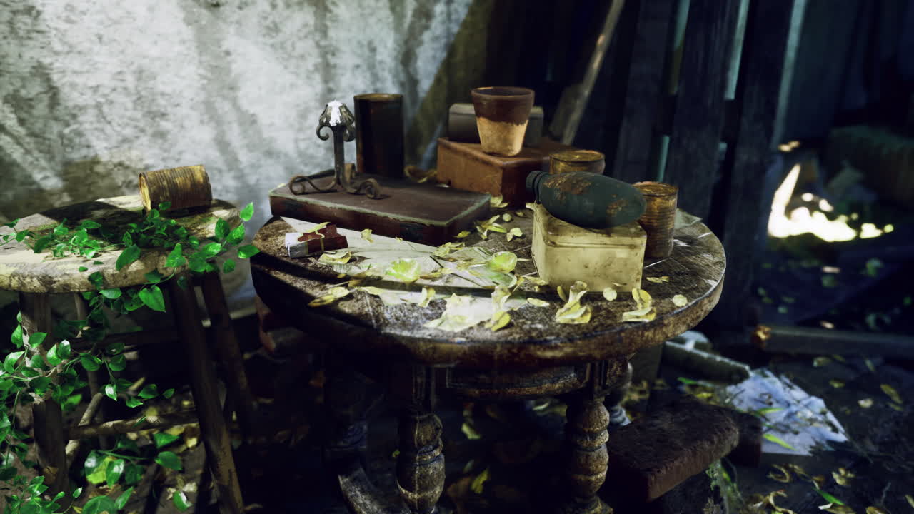 Abandoned table with old items and overgrown plants in a forgotten space