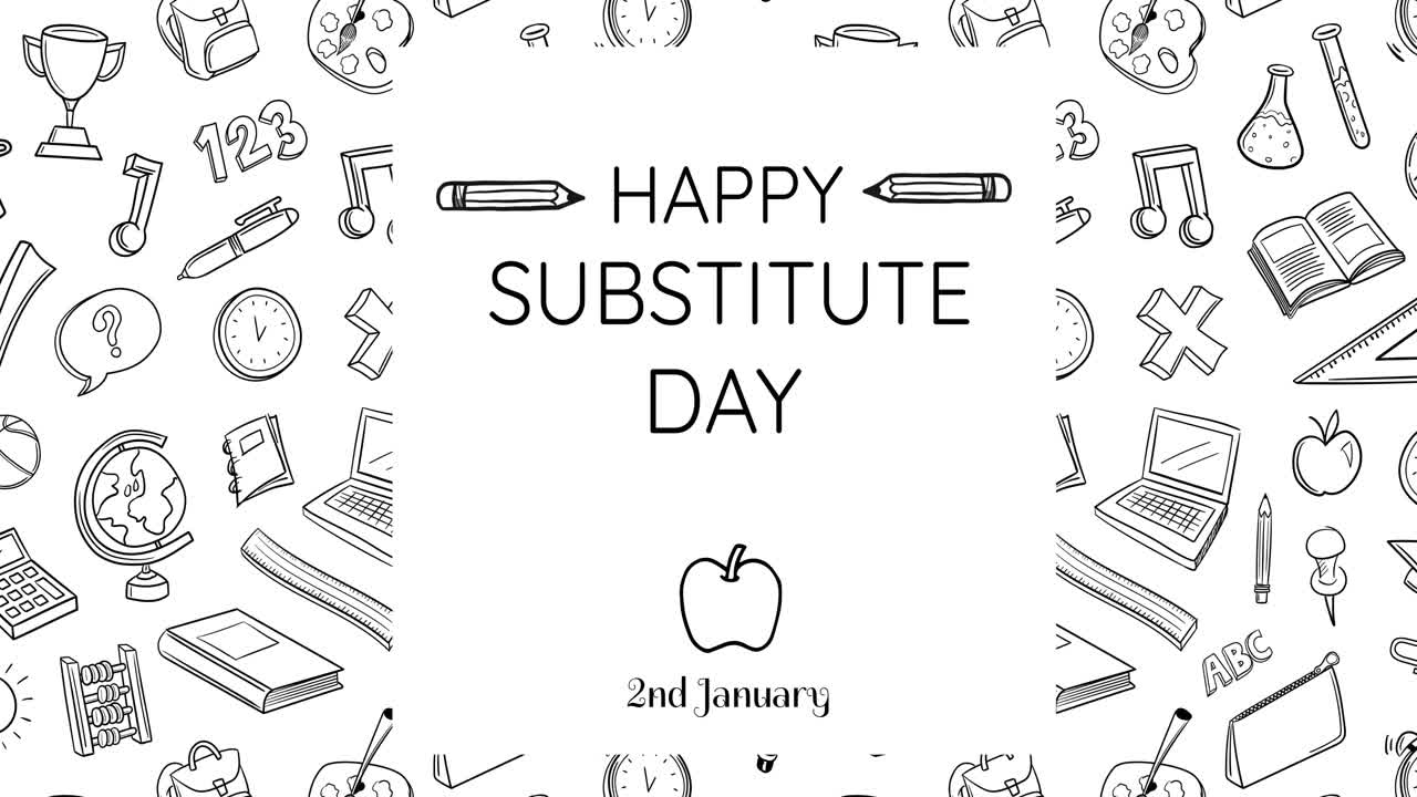 animación del texto del día de la sustitución feliz sobre los artículos escolares
