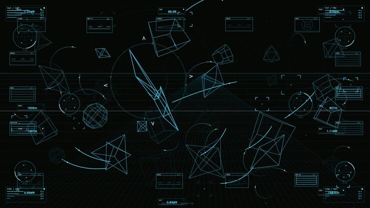 This motion graphic features a complex head up display with cyan telemetry and tactical data readouts. Rotating wireframe geometric shapes, including pyramids and cubes, drift across a dark digital sp