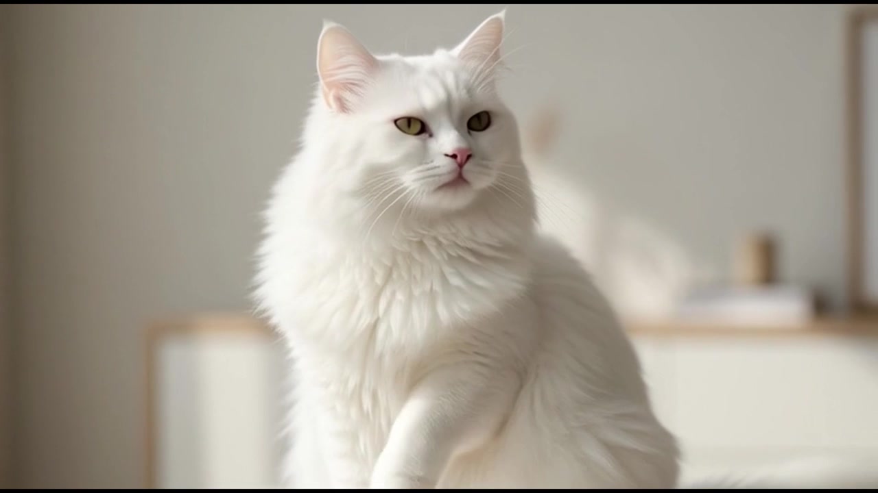 Gato Branco Fofo Se Lambendo em um Cômodo Iluminado