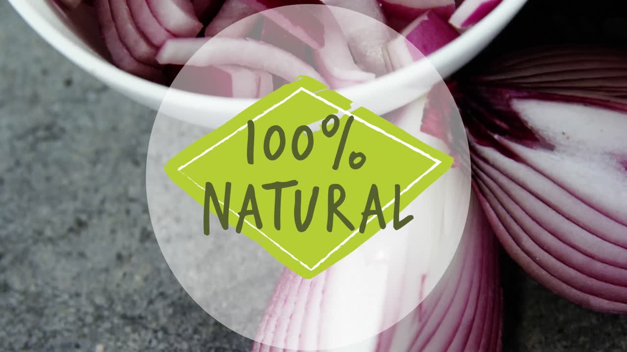 Video of 100 percent natural text over chopped red onions