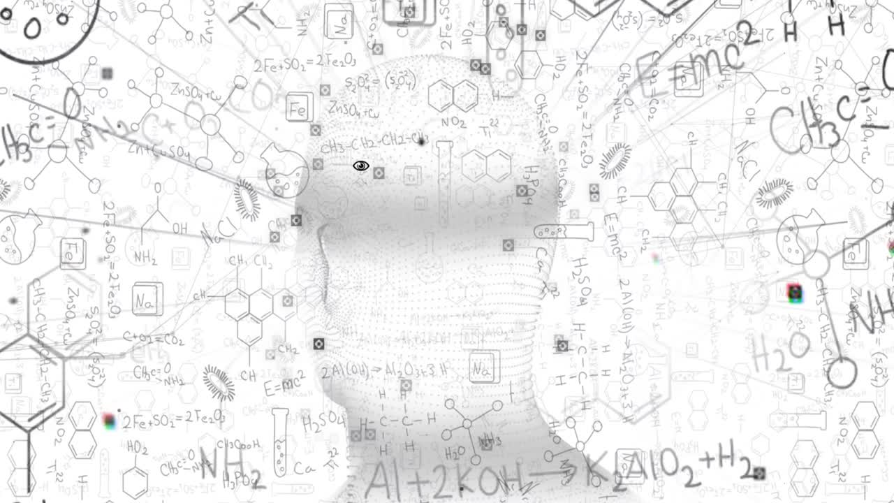 cabeza humana girando contra estructuras químicas y fórmulas en fondo blanco