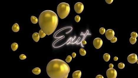 multiple golden balloons floating over neon exit text signboard against black background