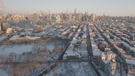aerial view of greenpoint, brooklyn on a winter morning. shot in new york city.