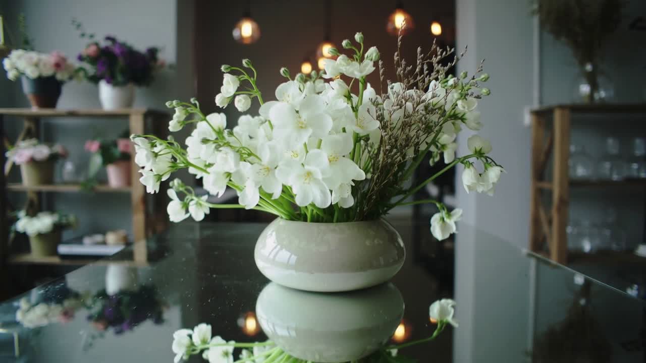 Kameraet beveger seg fra vidvinkel til nærbilde i et studio, og avslører en keramikkvase med hvite blomster på et glassbord.