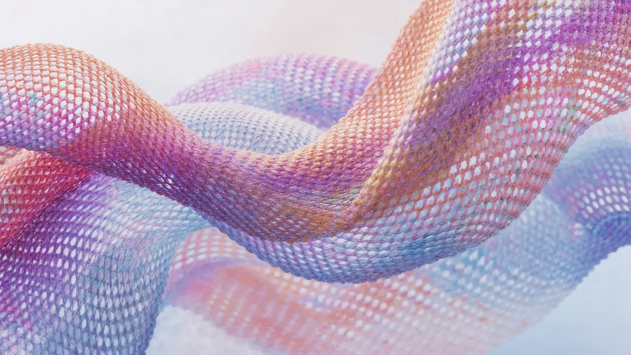 Twisting main mesh ribbon sweeping left across pale studio overlapping arches showing pastel bands