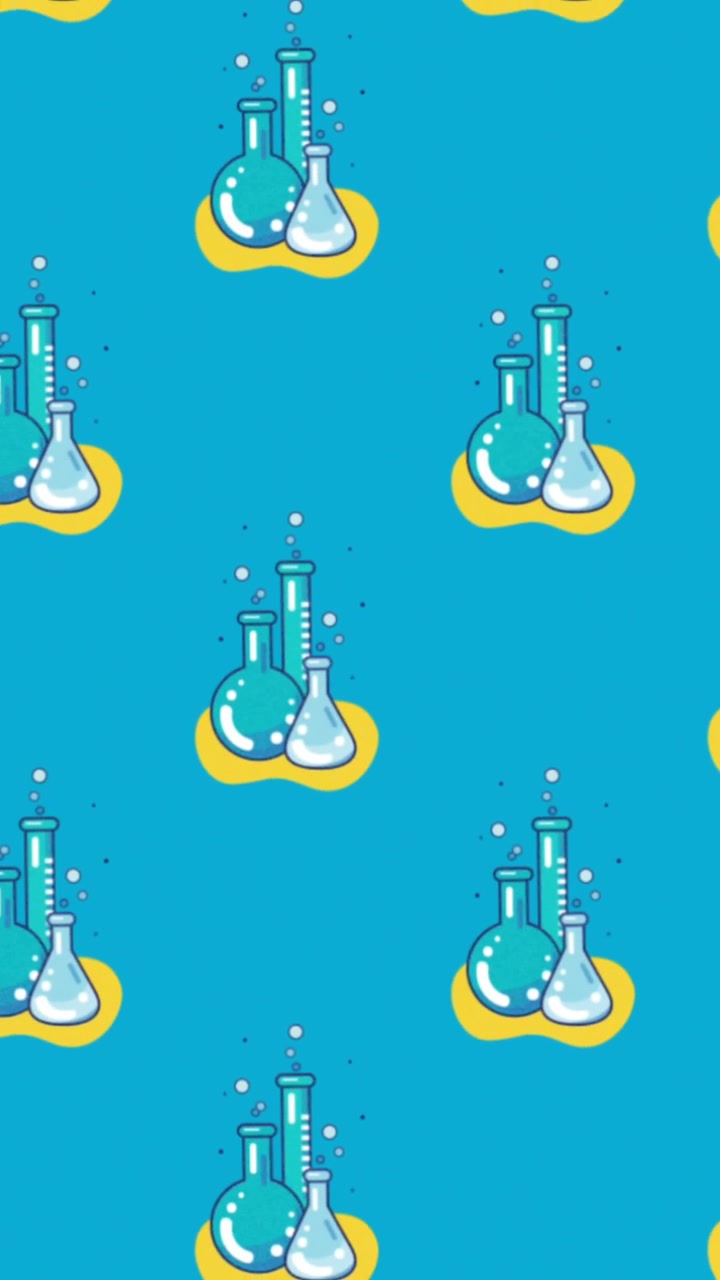 Animation of ruler with book over beakers and test-tubs on abstract pattern against blue background
