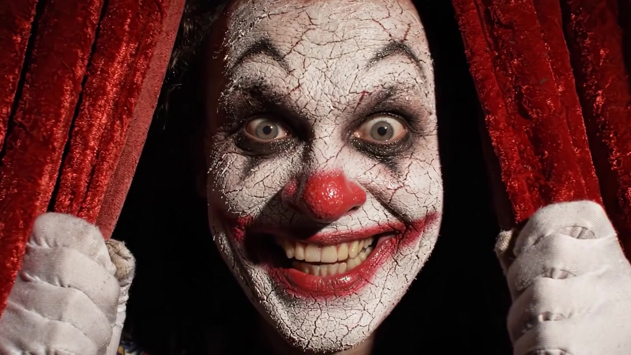 An Eerie Clown Emerges From Behind Daring Red Velvet Curtains, Setting The Stage For A Thrilling Show Packed With Surprises And Chills.