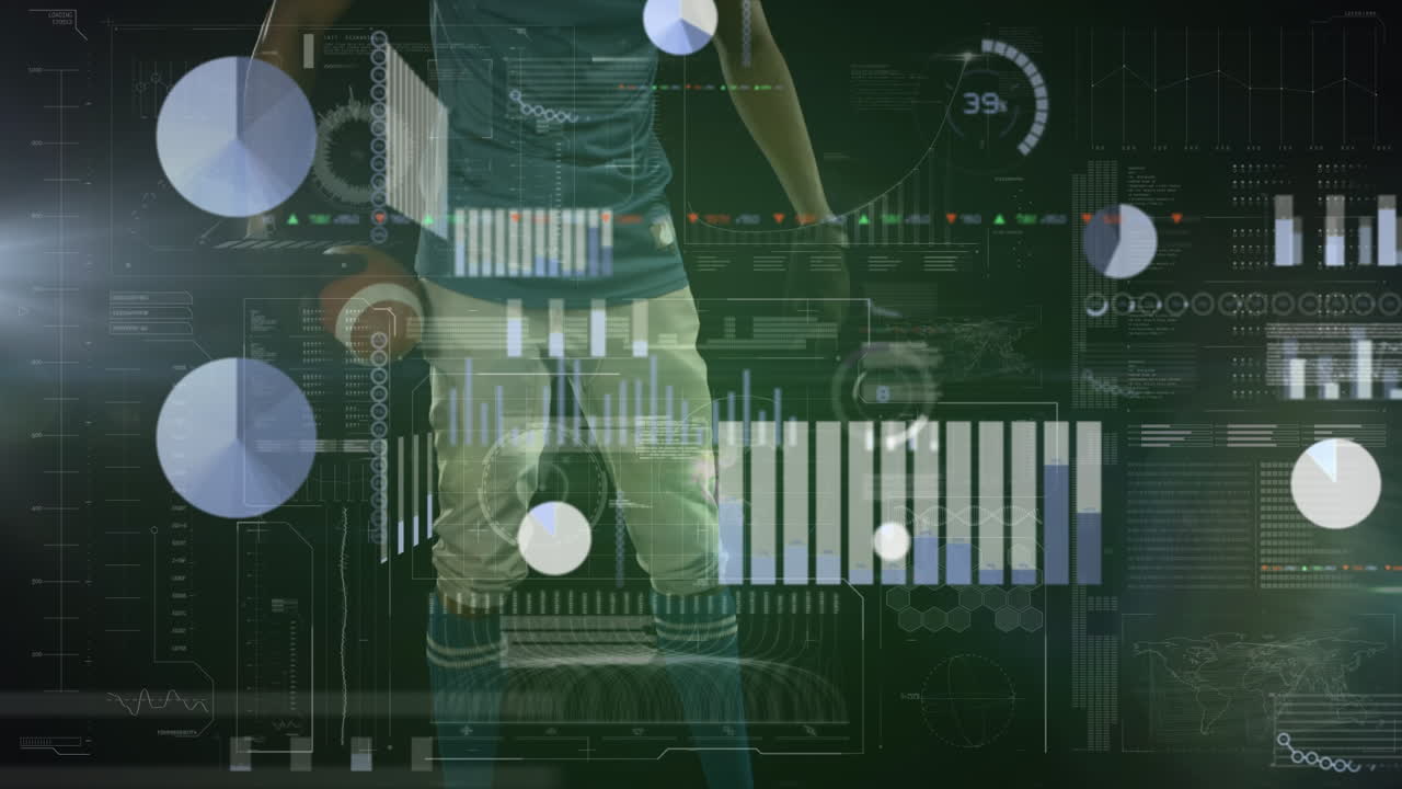 animación de la interfaz de procesamiento de datos sobre un jugador de fútbol americano masculino biracial sosteniendo la pelota
