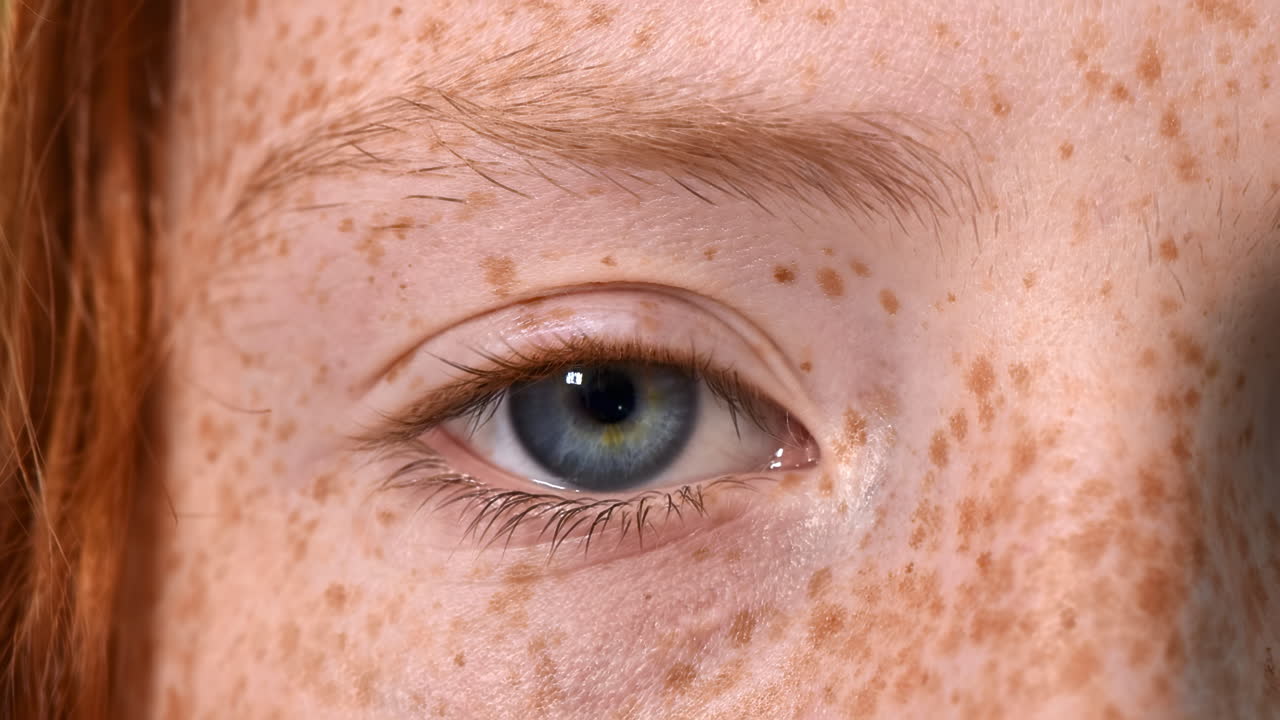 Blue eye and lips of a red haired girl with lots of freckles on the face. Looking into the camera. Close up