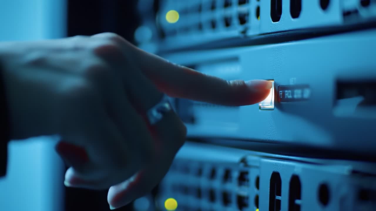 Technician Pressing Power Button on Server Rack