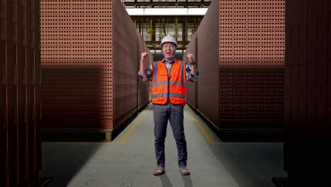 full body of asian male engineer with safety helmet screaming goal celebrating working with red brick packed in stacks are stored