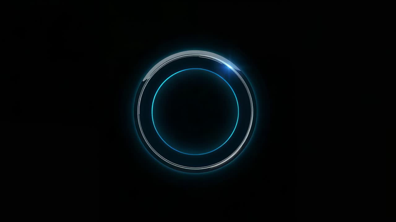 Light activating, metallic ring rotating on vertical axis in black studio void, showing cyan glow