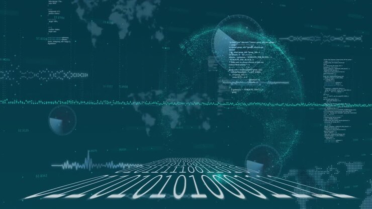 Animation of data processing and binary coding over globe and world map on black background