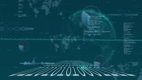 animation of data processing and binary coding over globe and world map on black background