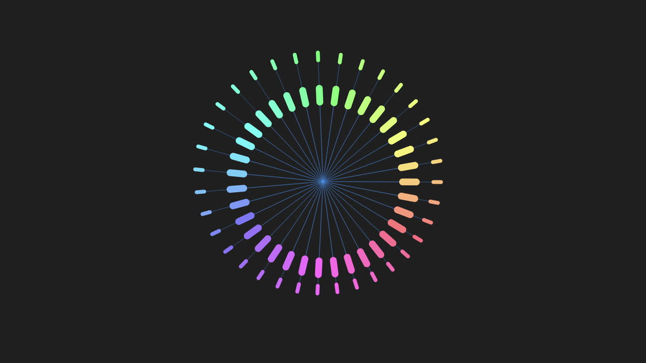 Colorful lines intersecting at the circular center, forming a symmetrical pattern against a black backdrop, create an eye-catching and three-dimensional illusion in this abstract design