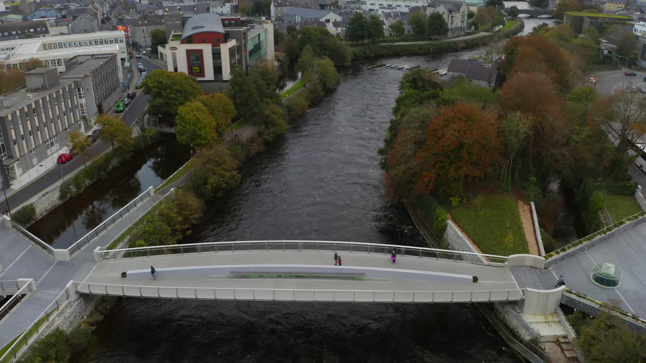 Aerial of the new Salmon Weir Bridge revealing the River Corrib