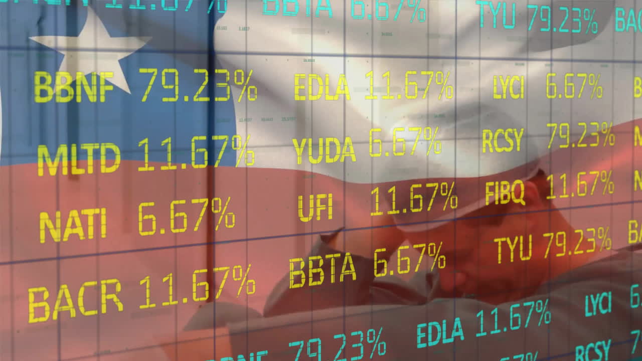 animación del procesamiento de datos financieros sobre la bandera de chile
