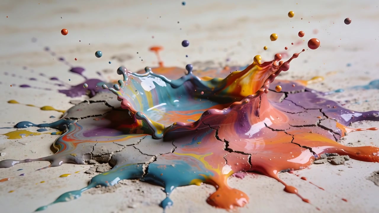 Goccia che impatta creando una corona di vernice multicolore che si solleva e disperde goccioline su un tavolo incrinato.