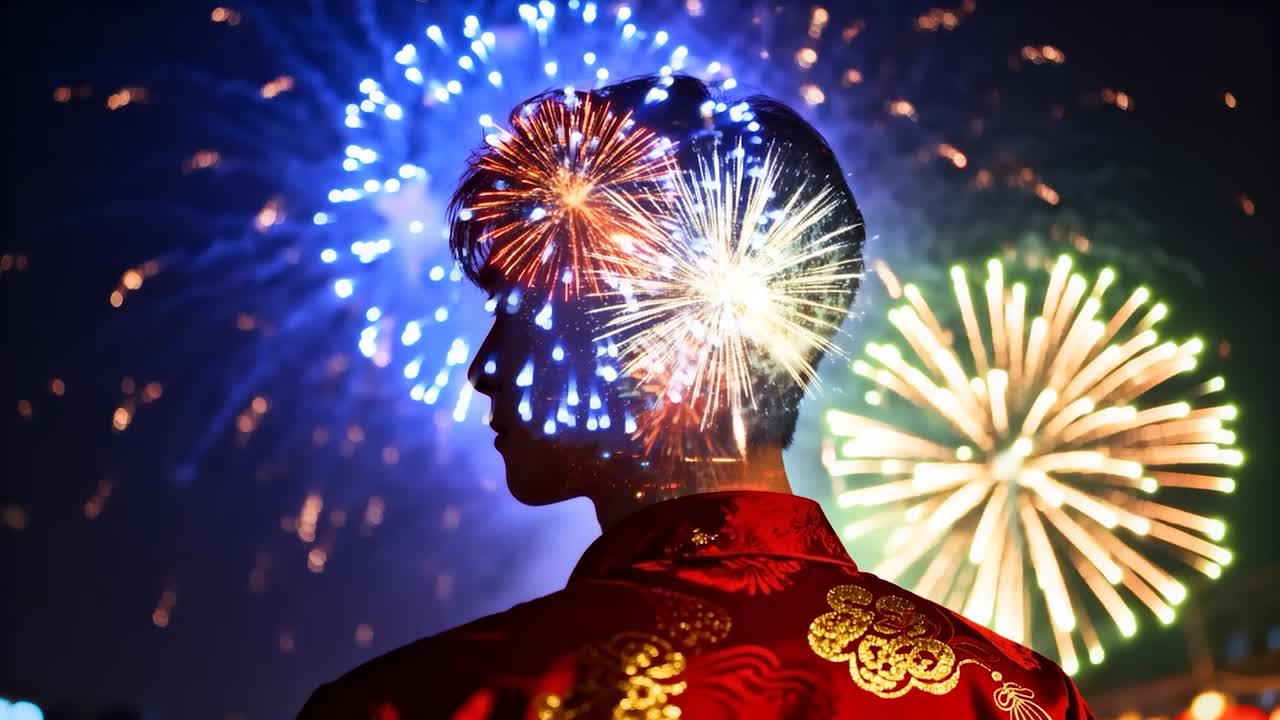 Hombre con chaqueta rojo-dorada mirando hacia la explosión roja inicial en la noche, observando los fuegos artificiales