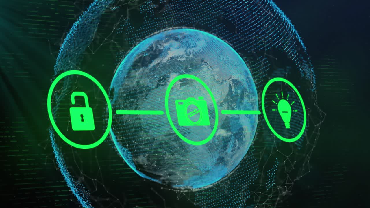 Animation of flowchart of icons over connected dots around globes against abstract background